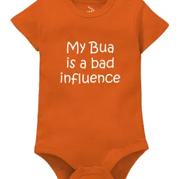 Zeezeezoo 100% Cotton Knit Family Theme Half Sleeves My Bua Is A Bad Influence Text Printed Onesie - Orange-picture-25