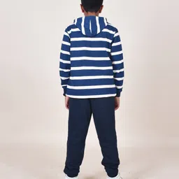 Kiddopanti Fleece Full Sleeves Striped Hooded Sweatshirt With Joggers Set - Navy Blue image 3