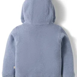 Yellow Apple Knitted Full Sleeves Solid Hooded Front Open Sweater - Light Blue image 2