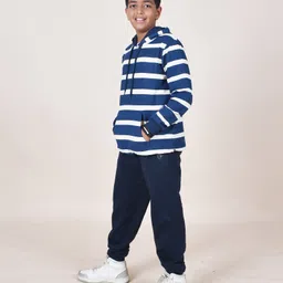 Kiddopanti Fleece Full Sleeves Striped Hooded Sweatshirt With Joggers Set - Navy Blue image 4