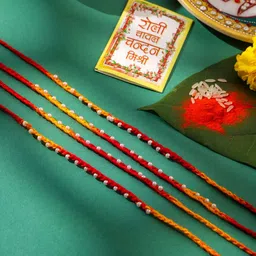 Anouk Set of 4 Pearls Beaded Traditional Thread Rakhi with Roli Chawal Chandan & Mishri-picture-21