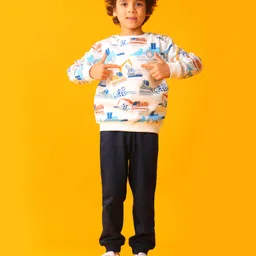 Anthrilo Fleece Knit Full Sleeves Construction Theme Printed Light Winter Sweatshirt & Joggers Set - Off White & Navy image 5