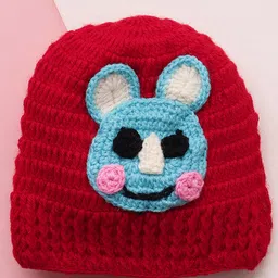 MayRa Knits Hand Knitted Woven Pack Of 2 Baby Animal Face & Floral Designed Crochet Caps - Red & Green - Circumference 28 Cm image 5