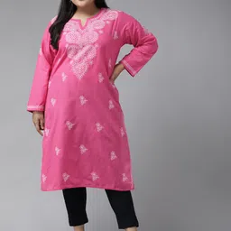 ADA Women Plus Size Pink & White Ethnic Motifs Pure Cotton Chikankari Embroidered Kurta-picture-32