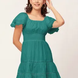 Moomaya Teal Cotton Fit & Flare Dress-image-38