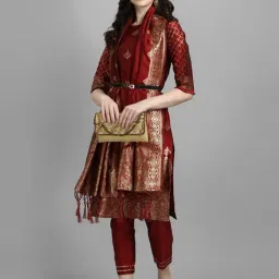 VredeVogel Maroon Woven Pattern Kurta Pant Set With Dupatta-image-30