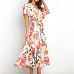 JC Mode Floral Print Flared Sleeve Tie-Up Wrap Midi Dress image 4