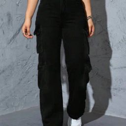 Broadstar Black Denim Relaxed Fit High Rise Cargo Jeans-picture-25