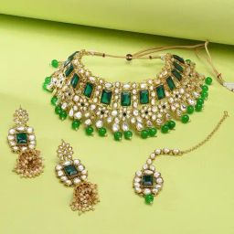 Zaveri Pearls Kundan & Green Beads Bridal Choker Necklace Earring Maangtikka Set-ZPFK8686-picture-47