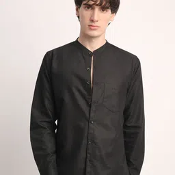 Voroxy Men Smart Band Collar Solid Cotton Casual Shirt-picture-22
