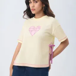The Souled Store Light Yellow Slit T-Tic-Tac-Toe Women Oversized T-Shirt-image-58