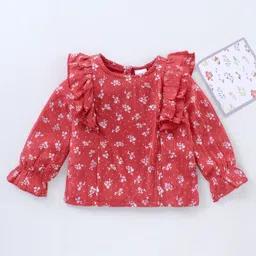 Babyhug Full Sleeves Printed Rayon Crinkle-Crepe Top With Ruffle Detailing- Red-picture-18