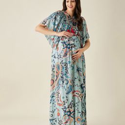 The Kaftan Company Half Batwing Sleeves Seamless Paisley Printed & Frill Detailed Kaftan Maternity Lounge Dress With Front Tie Up - Blue-picture-23