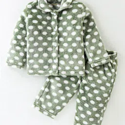 Kanvin Supersoft Extra Warm Velour Full Sleeves Winter Night Suit With Polka Dots Print - Green-picture-33