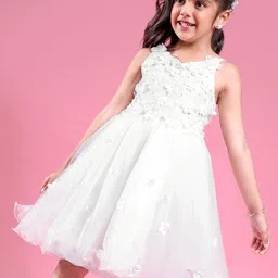 Mark & Mia Woven Sleeveless Knee Length Partywear Frock with Floral Applique - White image 1