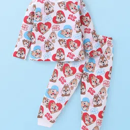 Babyhug Disney Cotton Knit Full Sleeves Night Suit With Chip n Dale Print - White-image-73