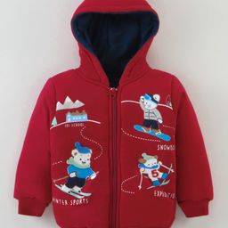 Cucumber Taffeta Woven Full Raglan Sleeves Hooded Sweatjacket with Bears Print - Red-picture-27