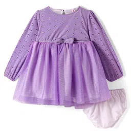 Babyhug Mesh Woven Full Peasant Sleeves Frock with Bloomer Glitter Detailing & Bow Applique - Lilac-image-27