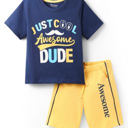 Honeyhap Premium 100% Cotton Knit Half Sleeves Shorts Night Suit with Bio Finish & Text Print - Navy Peony & Snap Dragon-picture-41