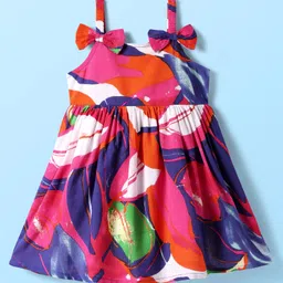 Babyhug Cotton Woven Sleeveless Dress With Leaf Print & Bow Applique - Multicolor-picture-34