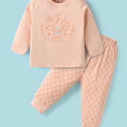Zero Interlock Knit Full Sleeves Sleeves T-Shirt & Lounge Pant Set with Animal Print - Peach-picture-18