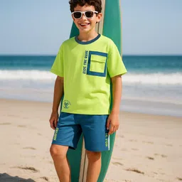 OLLINGTON ST. Cotton Half Sleeves T-Shirt with Print & Knit Shorts Set - Lime Green & Navy Blue-image-99