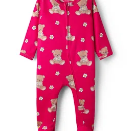 Babyhug Cotton Knit Full Sleeves Footed Sleepsuit With Bear Print - Dark Pink-picture-18