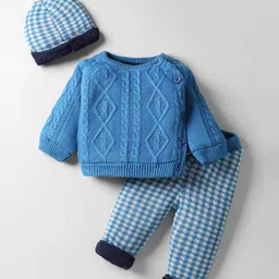 Yellow Apple Knit Full Sleeves Pullover Sweater Set With Cable Knit Design & Cap - Blue-picture-34