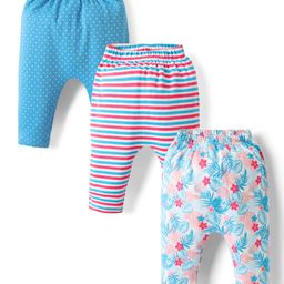 Babyhug Cotton Knit Full Length Leggings With Stripes & Floral Print Pack Of 3 - Light Blue & Dark Pink-image-79