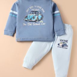 CUCUMBER Sinker Knit Full Sleeves Nightsuit With Vehicles Theme Print - Blue-picture-3