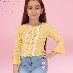 Cutecumber Woven Three Fourth Bell Sleeves Floral Printed Lace Detailed Top - Yellow-picture-20