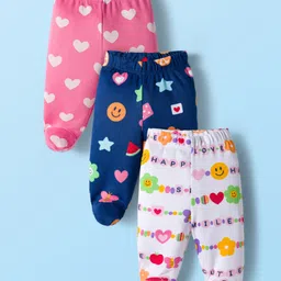 Babyhug Cotton Knit Heart Printed Bootie Leggings Pack of 3 - Pink Navy Blue & White-image-25