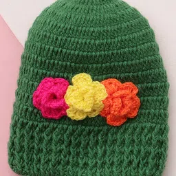 MayRa Knits Hand Knitted Woven Pack Of 2 Baby Animal Face & Floral Designed Crochet Caps - Red & Green - Circumference 32 Cm image 3