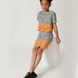 One Friday Viscose Half Sleeves Leopard Printed Floral Lace Detailed Crop Top - Multi Colour image 5