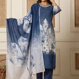FLAMBOYANT Floral Printed V-Neck Thread Work Straight Kurta With Trousers & Dupatta-picture-13