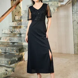 Shally Bhasin by Athena Women Embellished V-Neck Puff Sleeve Scuba Maxi Dress-image-96