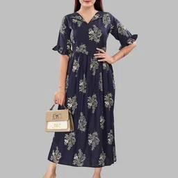 B2F Manufacturing & Designing Kurti Floral Print Puff Sleeve Maternity Fit & Flare Midi Dress image 3