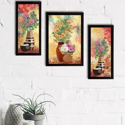 eCraftIndia Set of 3 Cream-Coloured & Yellow Botanical and Floral Satin Matt Textured UV Art Paintings image 1