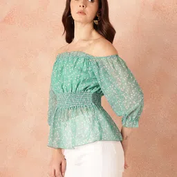 all about you Floral Print Off-Shoulder Puff Sleeve Bardot Top image 3