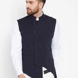 Hypernation Men Navy Blue Woven Design Pure Cotton Nehru Jacket-picture-18