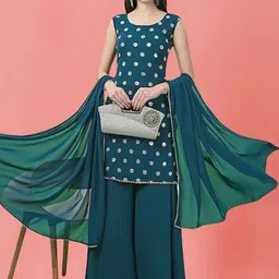 PARROT CREATION Geometric Embroidered Georgette Straight Kurti With Sharara & Dupatta-picture-21