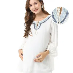 Bella Mama Woven Crinkle Full Sleeves Tie Up Top Embroidered Design - White-picture-10