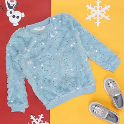 Pantaloons Junior Full Sleeves Sequin Embellished Fur  Sweatshirt - Blue-picture-12