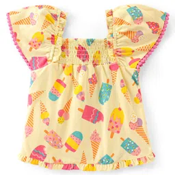 Babyhug 100% Cotton Woven Half Sleeves Top With Smocking, Lace Detailing & Ice Cream Print - Yellow-picture-18