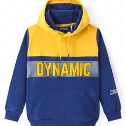 Pine Kids Cotton Knit Full Sleeves Hooded Sweatshirt with Cut & Sew Design & Text Print - Yellow & Navy Blue-picture-32
