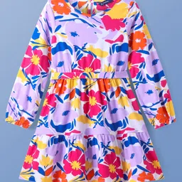 Pine Kids Cotton Knit Full Peasant Sleeves Floral Printed Frock with Fabric Belt - White-picture-28