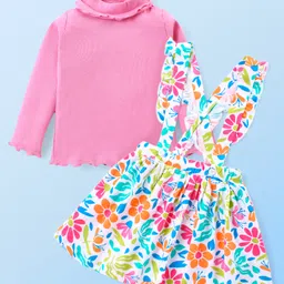 Babyhug Cotton Knit Full Sleeves Top & Floral Printed Skirt With Suspender - Pink-picture-17