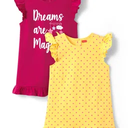 Babyhug Cotton Knit Frill Sleeves A Line Nighties with Polka Dots & Text Print Pack of 2 - Yellow & Dark Pink-image-26