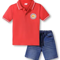 Babyhug Single Jersey Knit Half Sleeves Polo T-Shirt & Denim Shorts Set with Patch Detailing - Red & Blue-picture-17