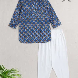 The Magic Wand Cotton Full Sleeves Floral Motifs Printed Pathani Kurta With Pyjama Set - Blue-picture-28